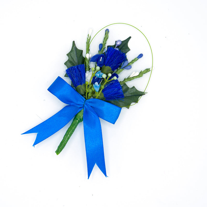 Heather buttonhole - Royal blue ribbon