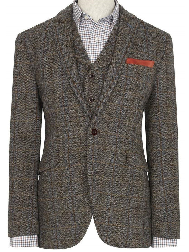 Harris tweed Sumburgh sports jacket - mid brown herringbone with blue and tan over check