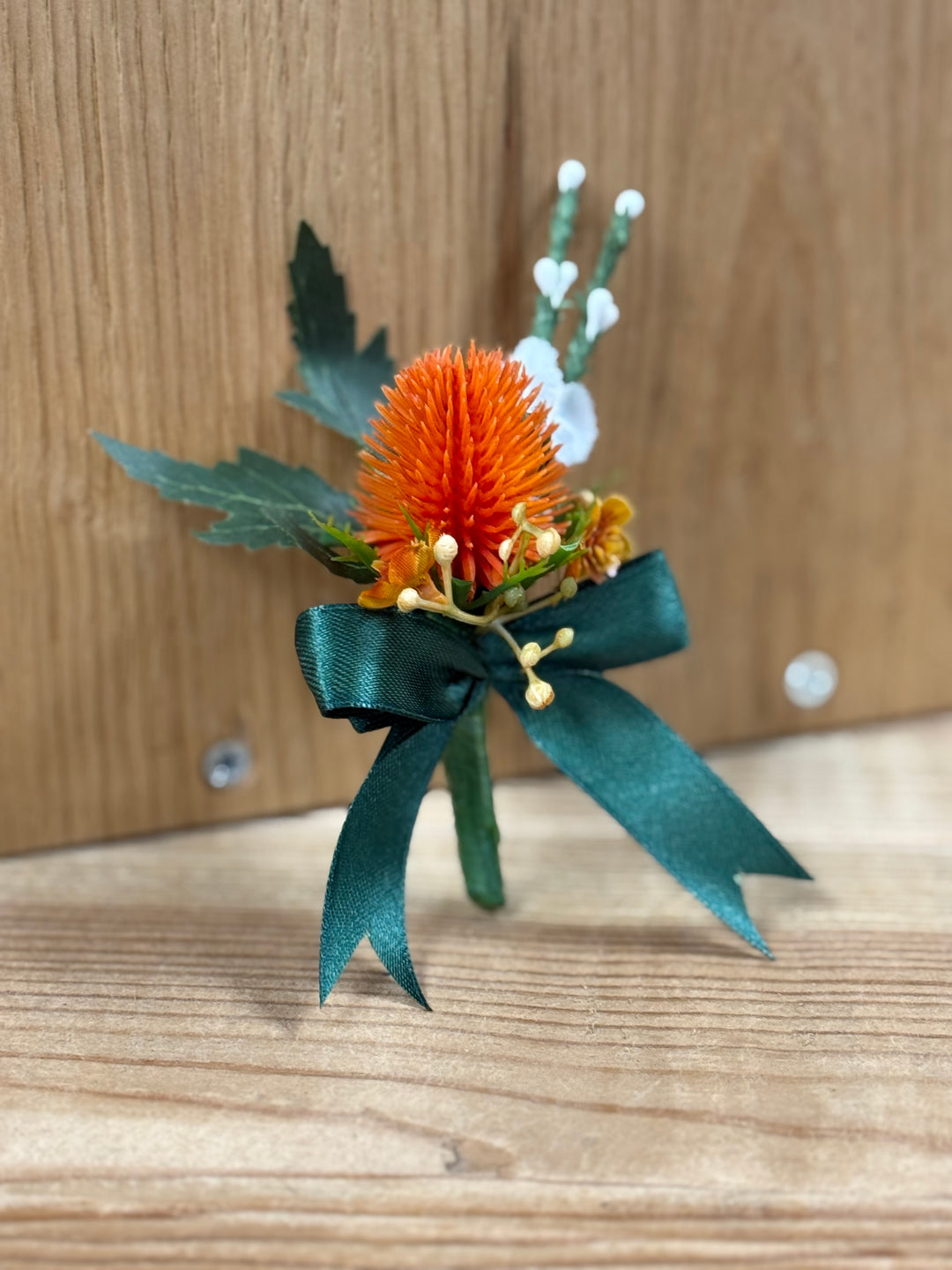Amber Flower buttonhole - Bottle Green ribbon