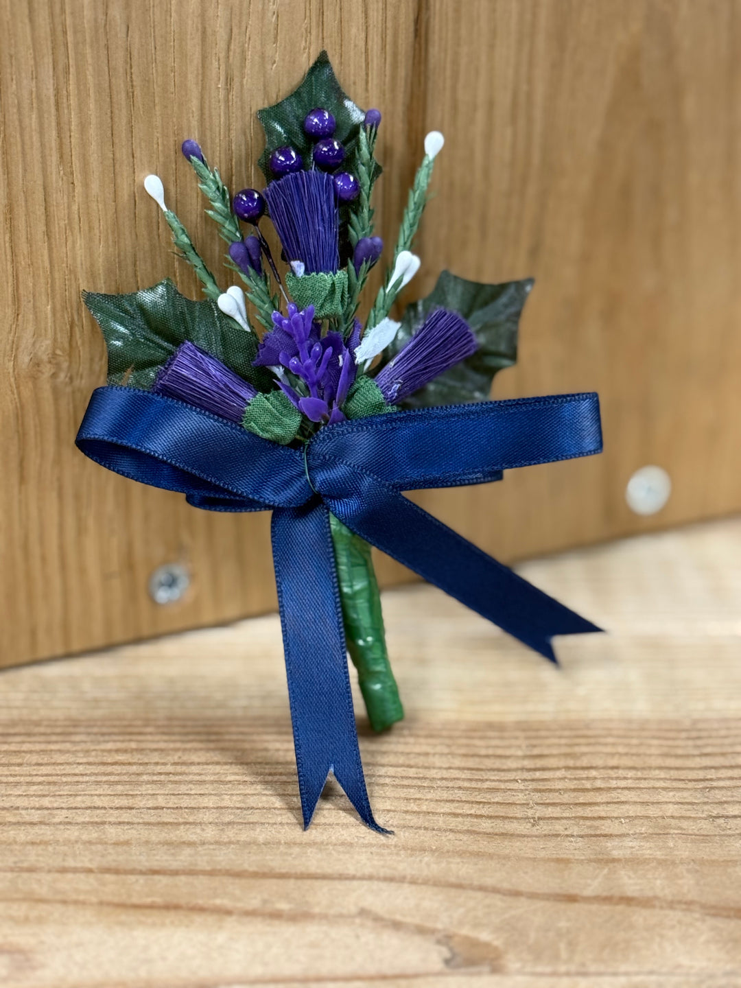 Heather buttonhole - Navy ribbon