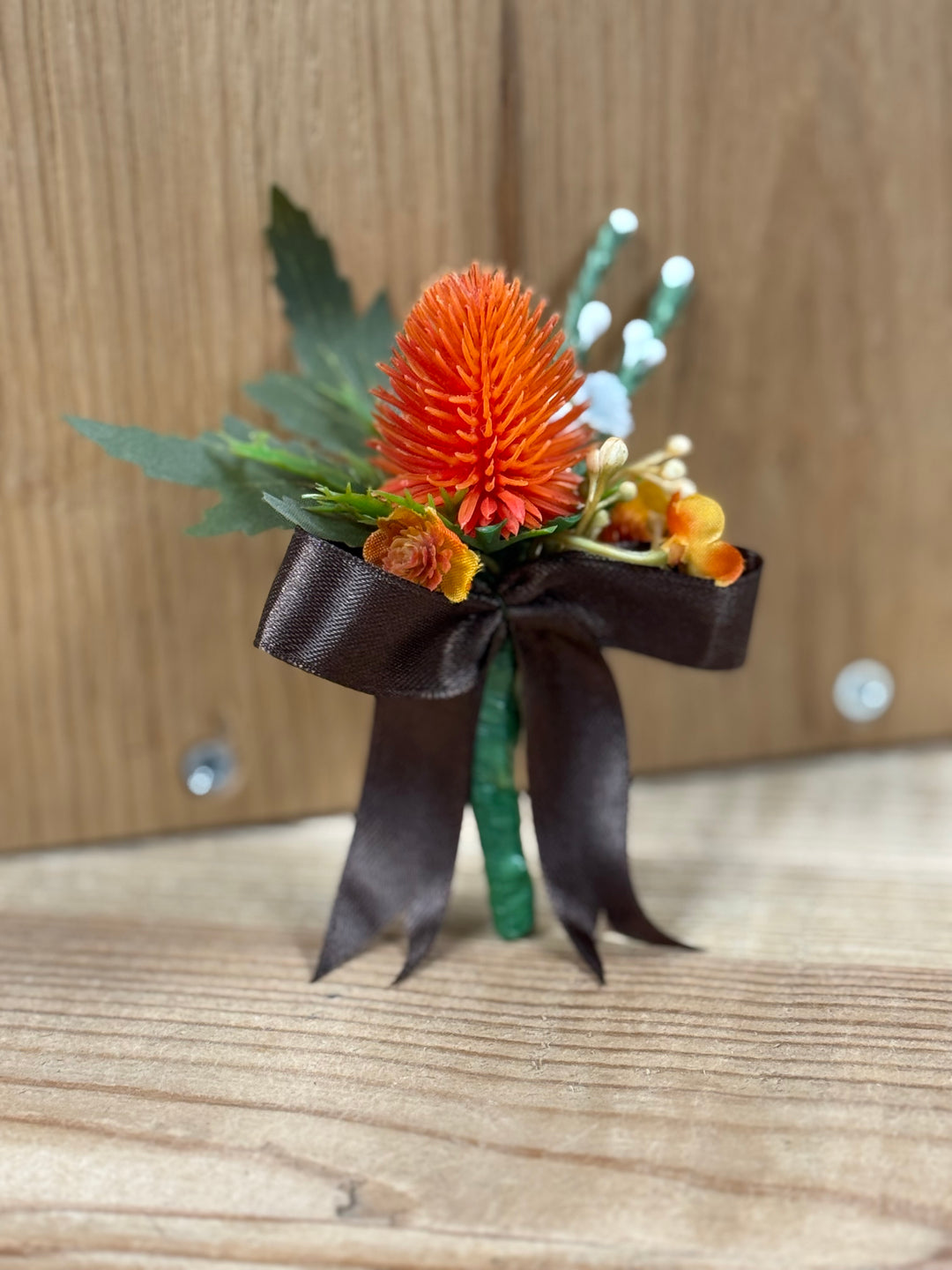 Amber flower buttonhole - Brown ribbon (Copy)