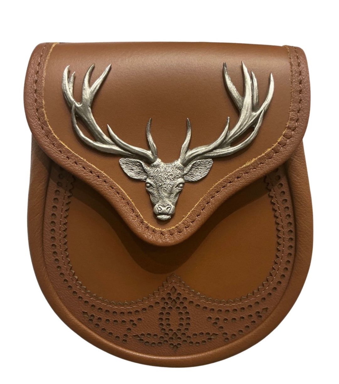 Tan Brogue Large Stag Head Leather Day Sporran