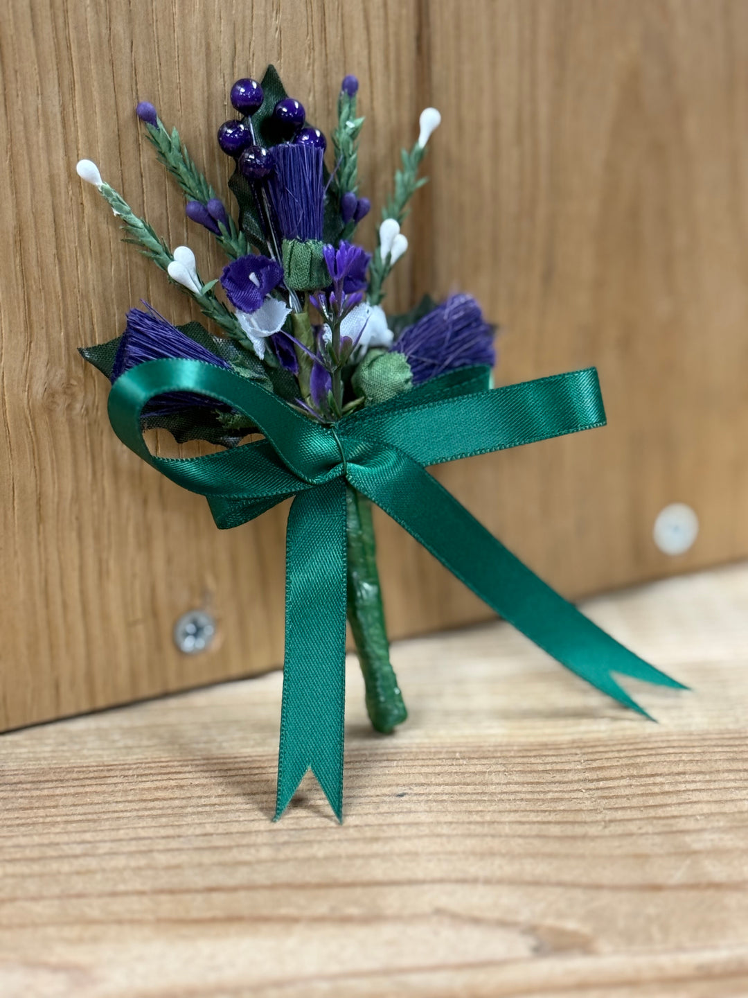 Heather buttonhole - Bottle Green ribbon