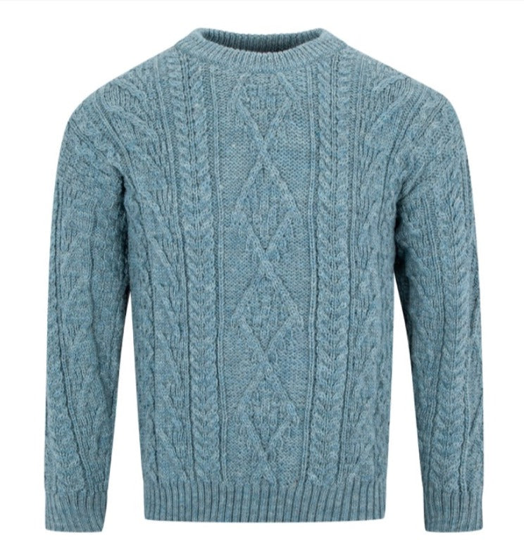 Mens Aran knit jumper - Blue summerstorm 100% British wool. Crew neck