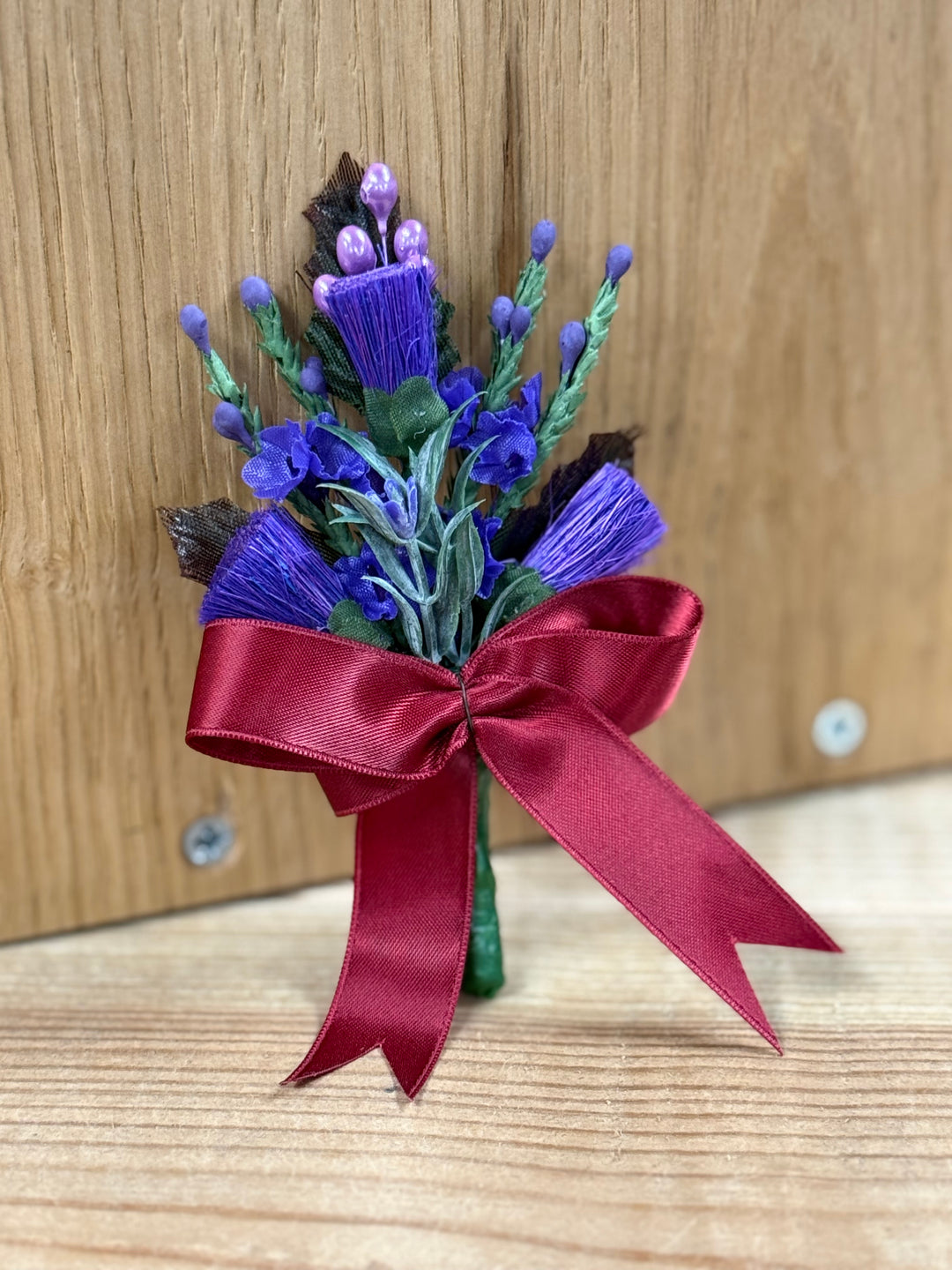 Heather buttonhole - Burgundy ribbon