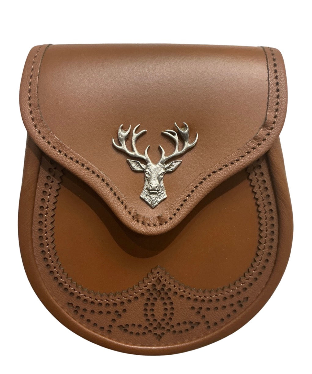 Tan brogue Stag Head Leather Day Sporran