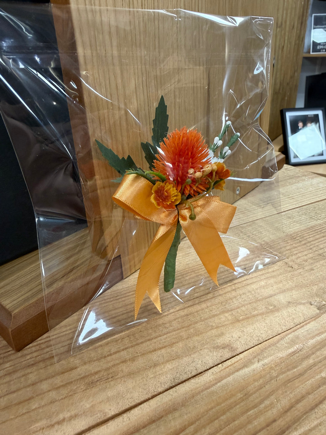 Amber flower buttonhole - Orange ribbon