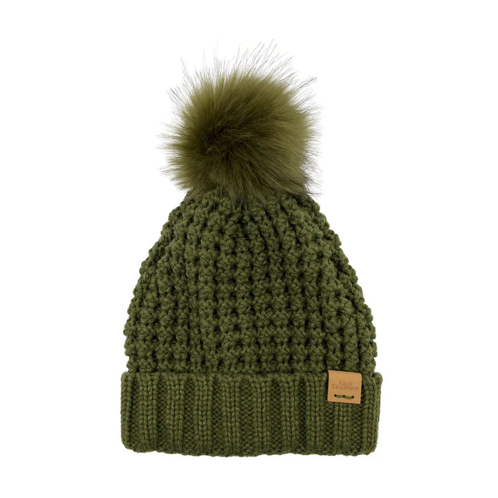 Aran Popcorn Stitch Bobble Hat - Green