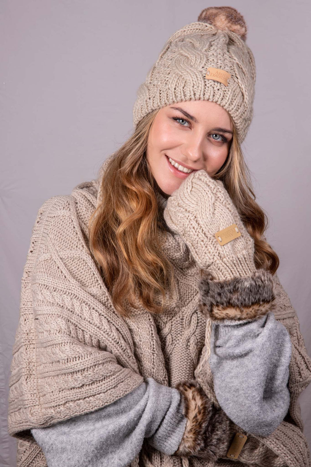 Aran Popcorn Stitch Bobble Hat - Oatmeal