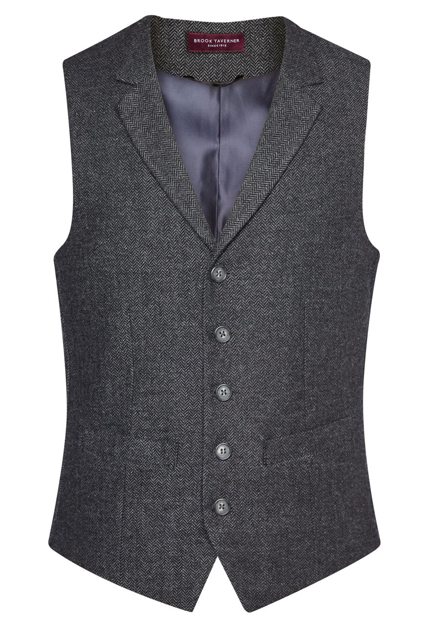 Brook Taverner Memphis Tweed Waistcoat - Charcoal Herringbone