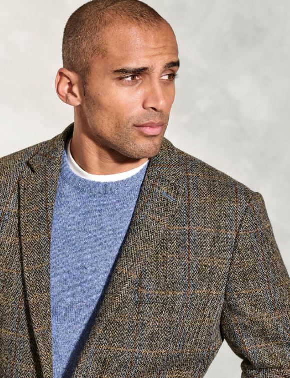 Harris tweed Sumburgh sports jacket - mid brown herringbone with blue and tan over check