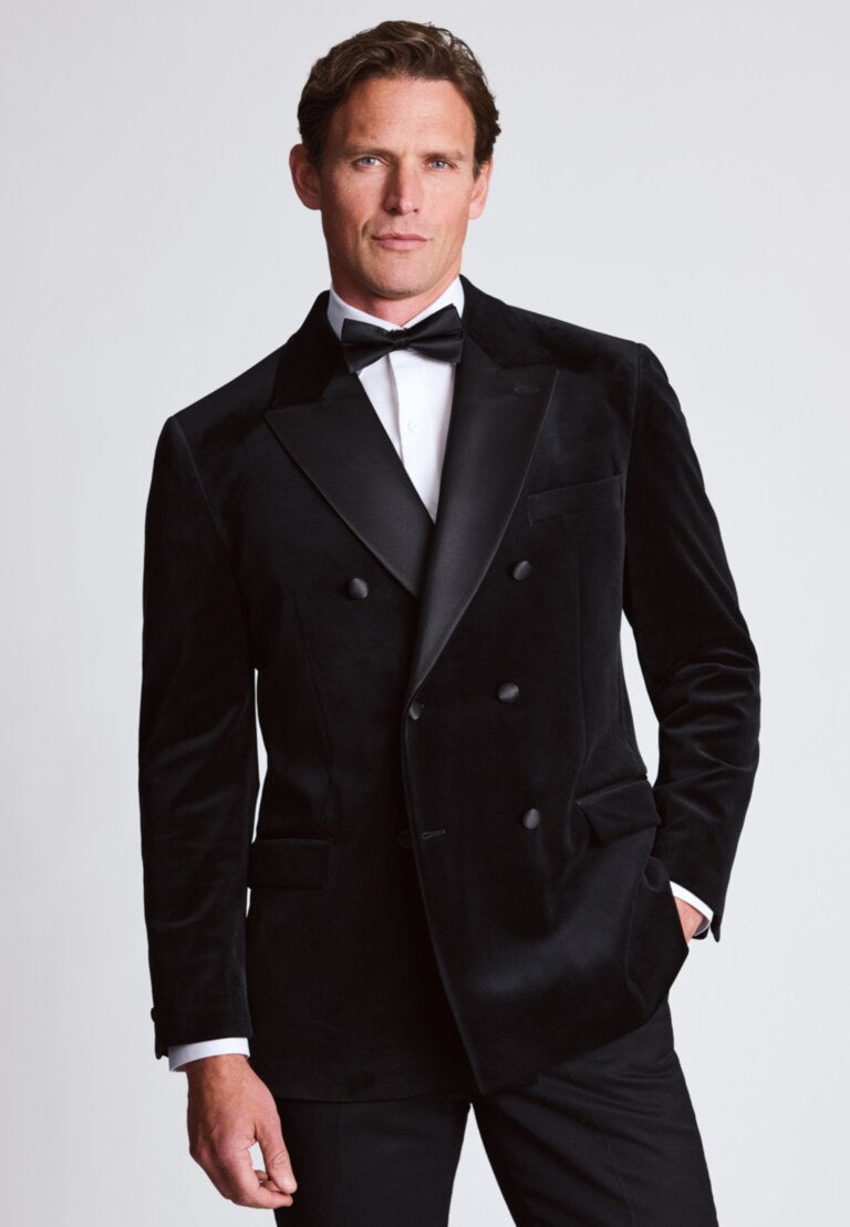 Tailored Fit Velvet Double Breasted Dinner Jacket - Black