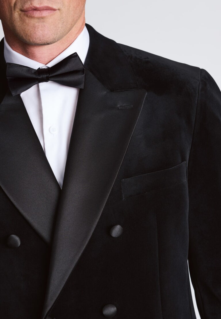 Tailored Fit Velvet Double Breasted Dinner Jacket - Black