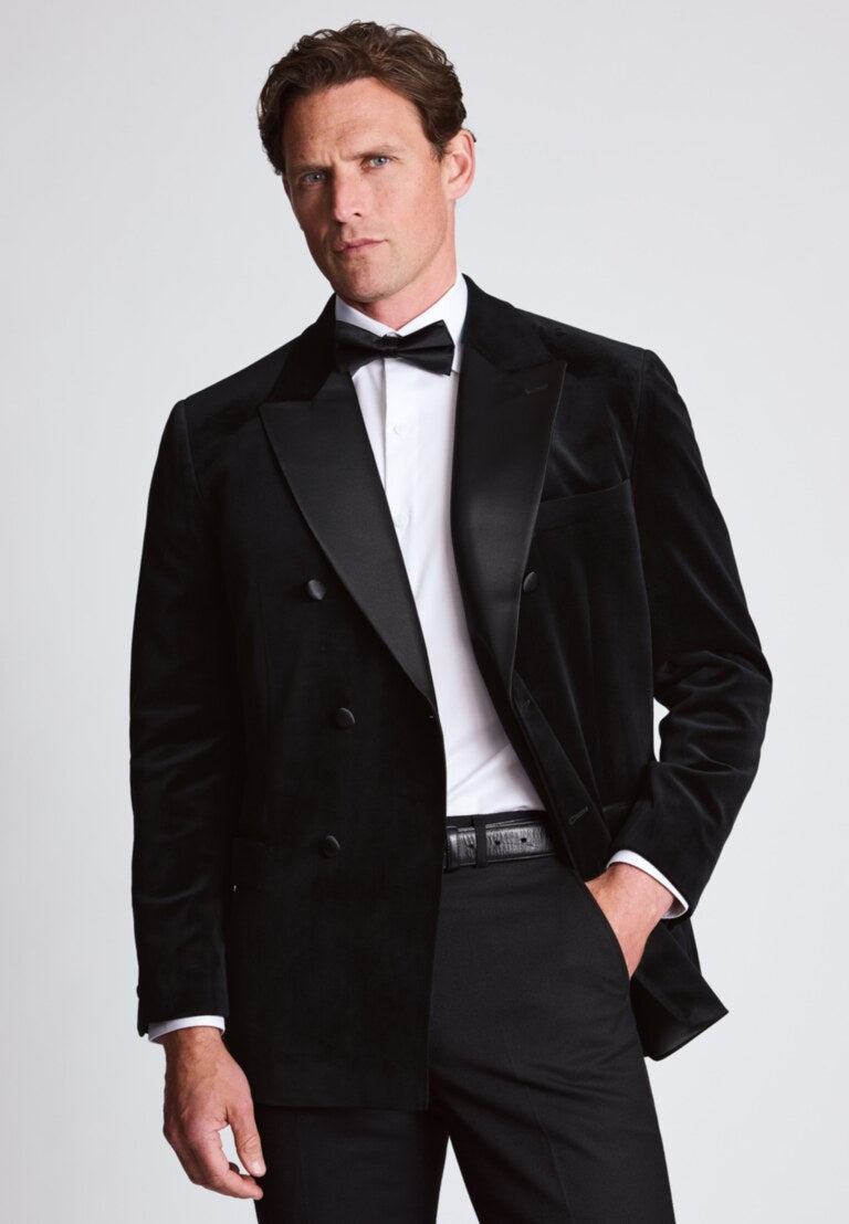 Tailored Fit Velvet Double Breasted Dinner Jacket - Black