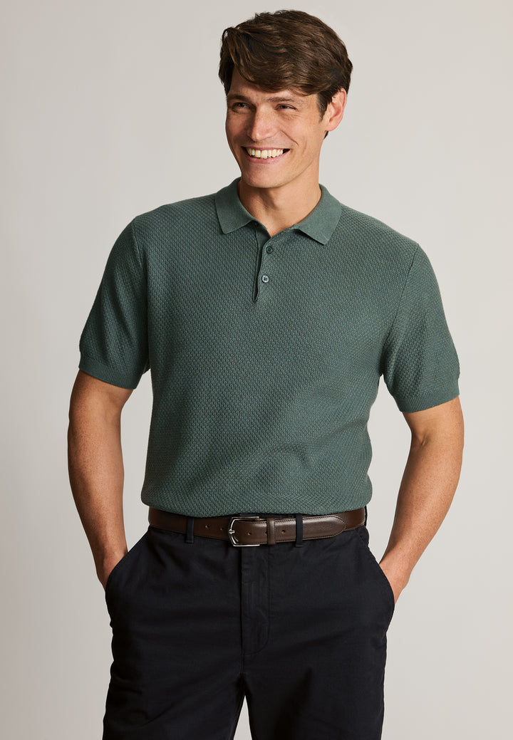 Textured Cotton Knitted Polo Shirt - Teal