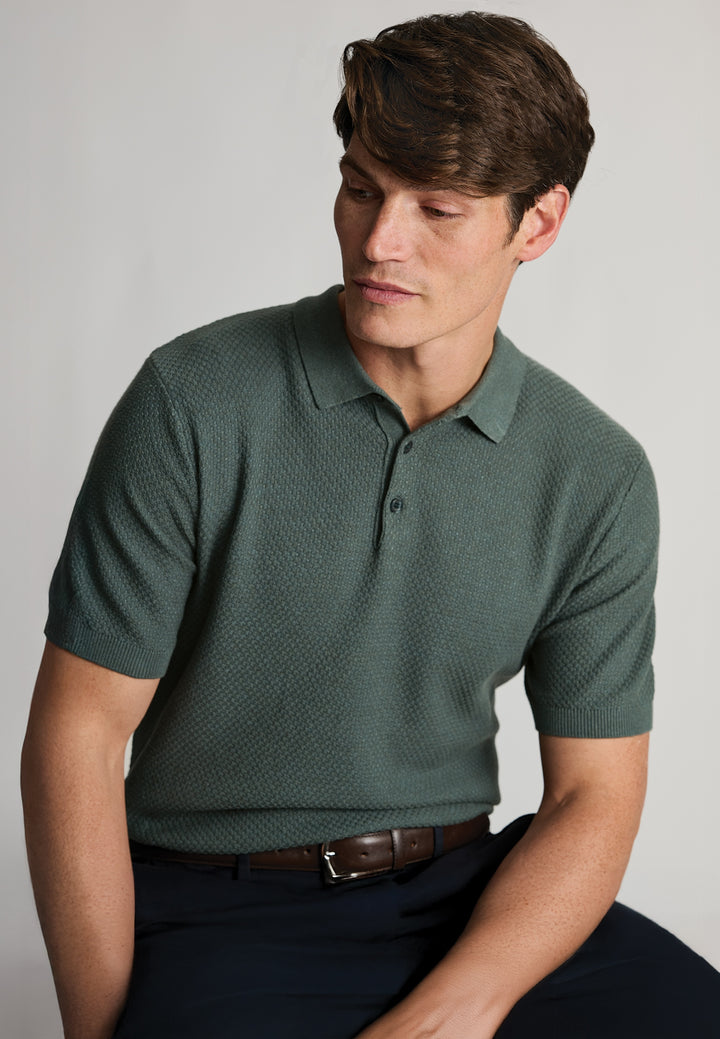 Textured Cotton Knitted Polo Shirt - Teal