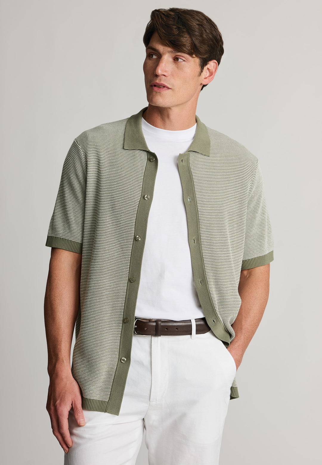 Khaki Button Through Knitted Cotton Blend Polo Shirt