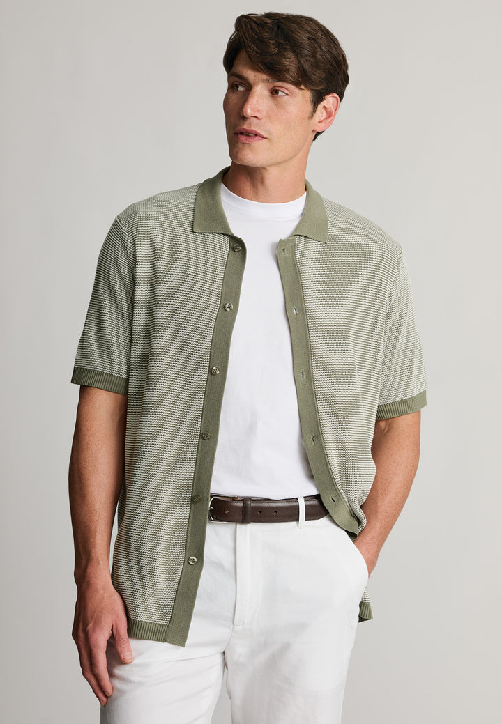 Khaki Button Through Knitted Cotton Blend Polo Shirt