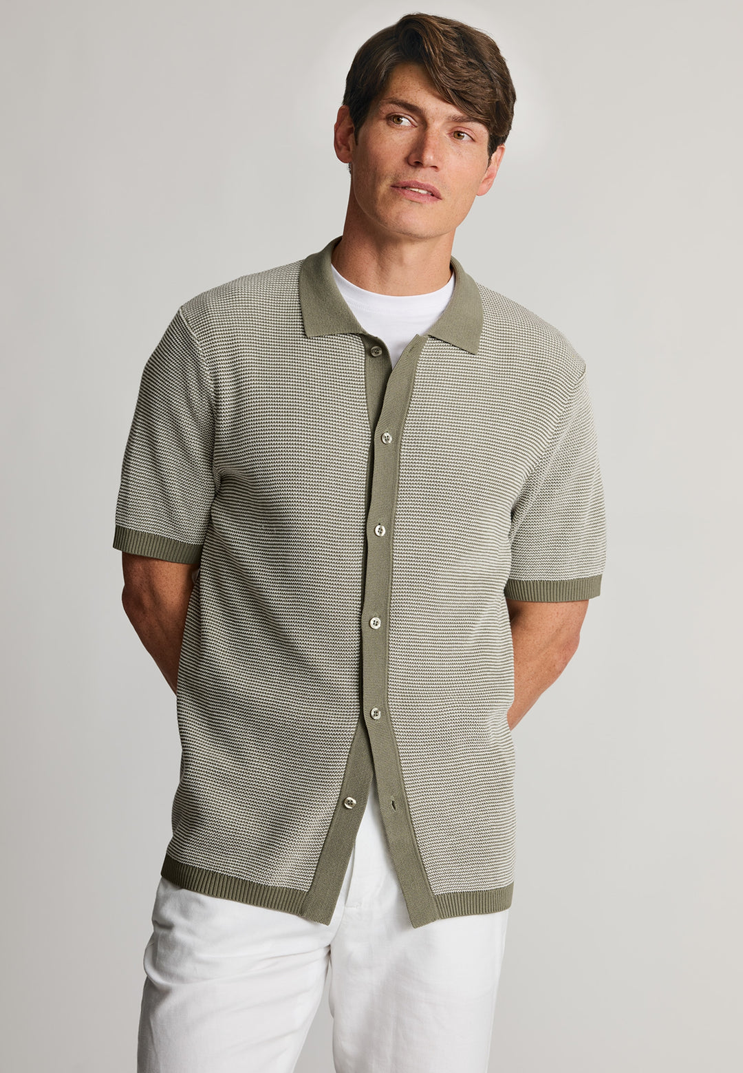 Khaki Button Through Knitted Cotton Blend Polo Shirt