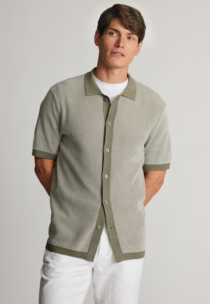 Khaki Button Through Knitted Cotton Blend Polo Shirt