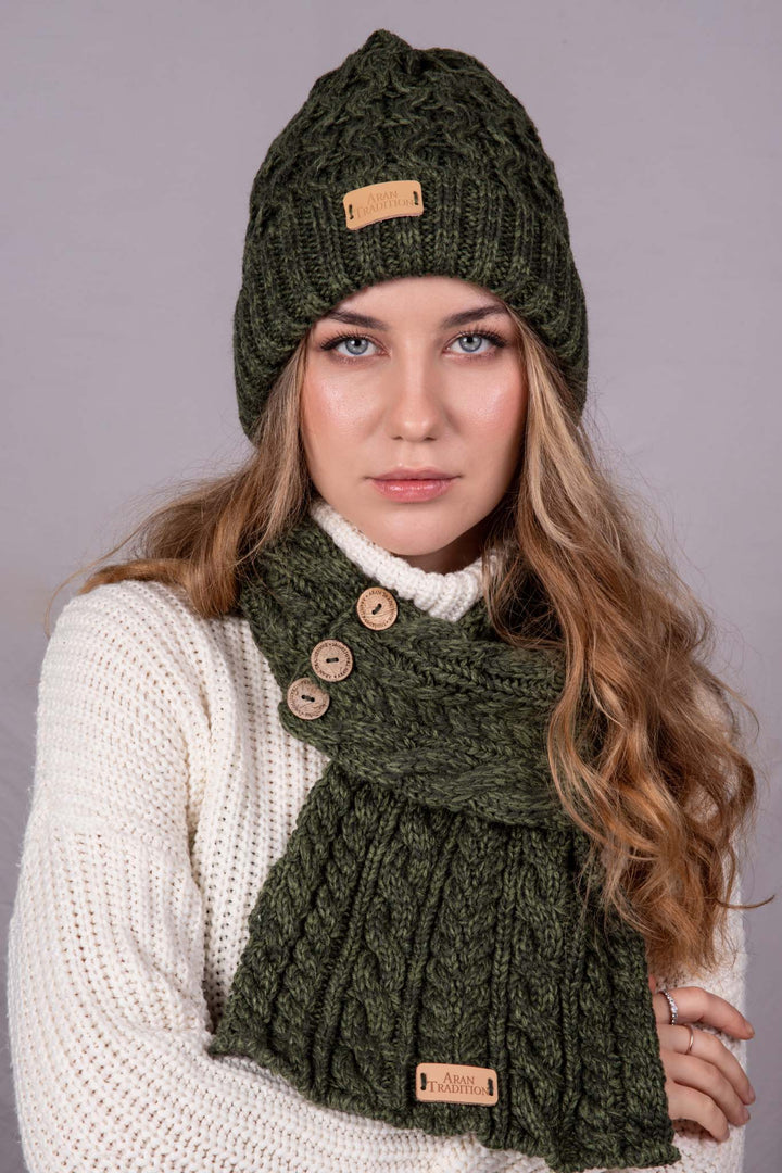 Aran Cable Button Wrap Scarf - Green