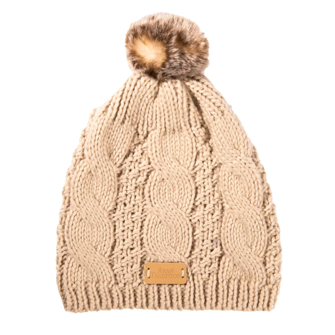 Aran Popcorn Stitch Bobble Hat - Oatmeal