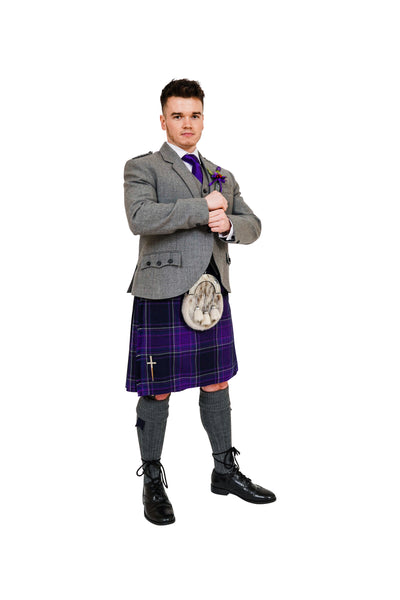 Light grey crail outfit with Galloway Heather tartan. 