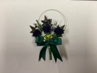 Heather buttonhole - green ribbon