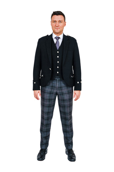 Black Argyll jacket with Highland Granite tartan trews - available to hire from Anderson Kilts Dumfries