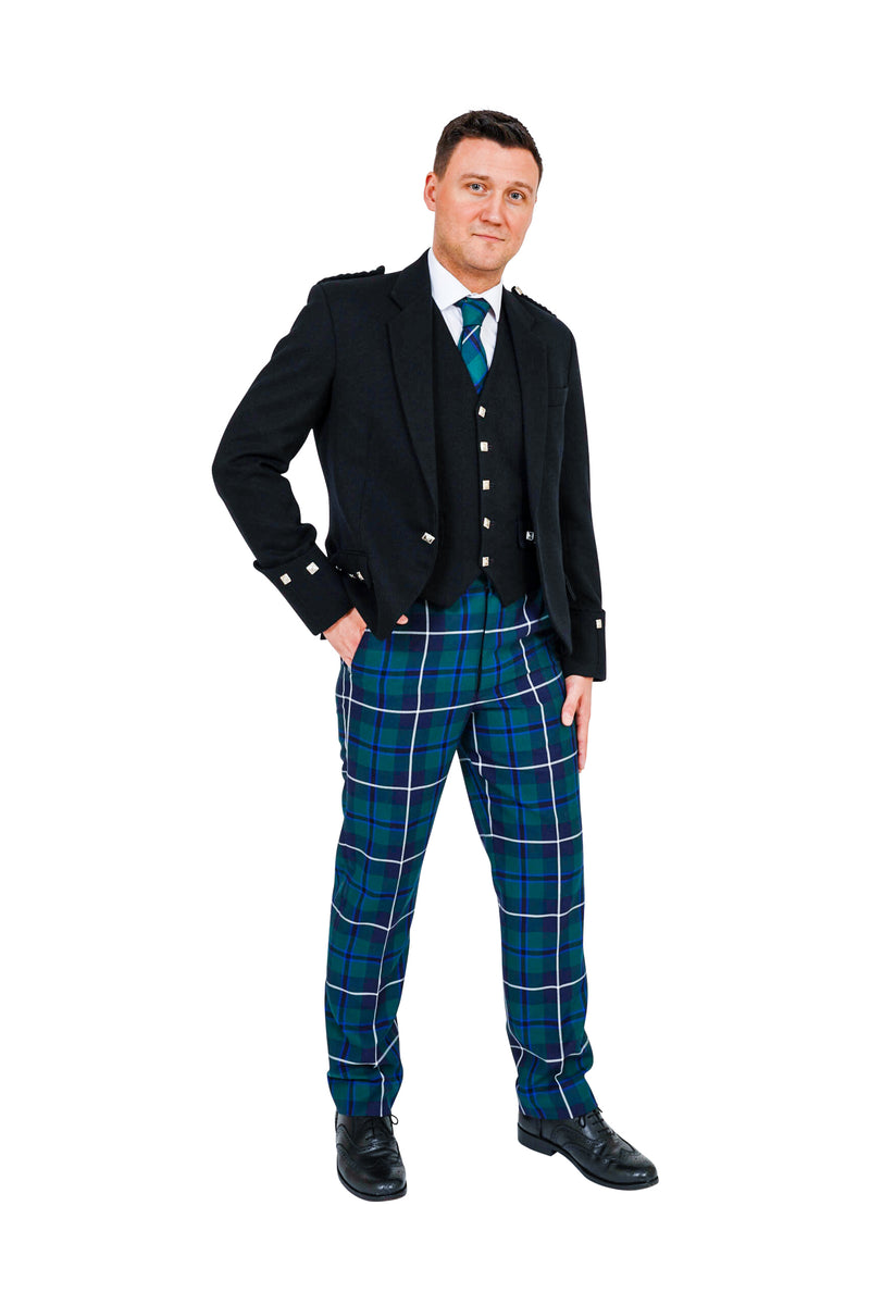Black Argyll jacket worn with Modern Douglas tartan trews - available to hire from Anderson Kilts