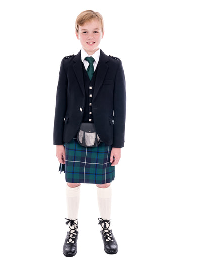Boys Black Argyll kilt hire outfit with Modern Douglas tartan kilt. Available to hire from Anderson Kilts Dumfries