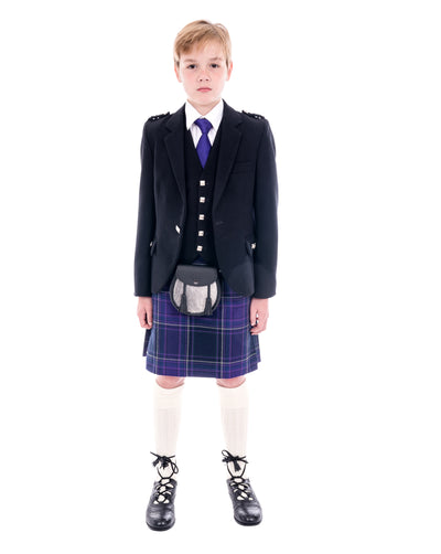 Boys Black Argyll kilt hire outfit with Galloway Heather tartan kilt. Available to hire from Anderson Kilts Dumfries