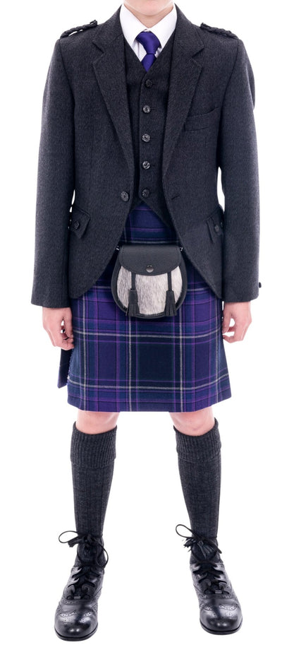 Boys Grey Tweed kilt hire outfit with Galloway Heather kilt - Anderson Kilts