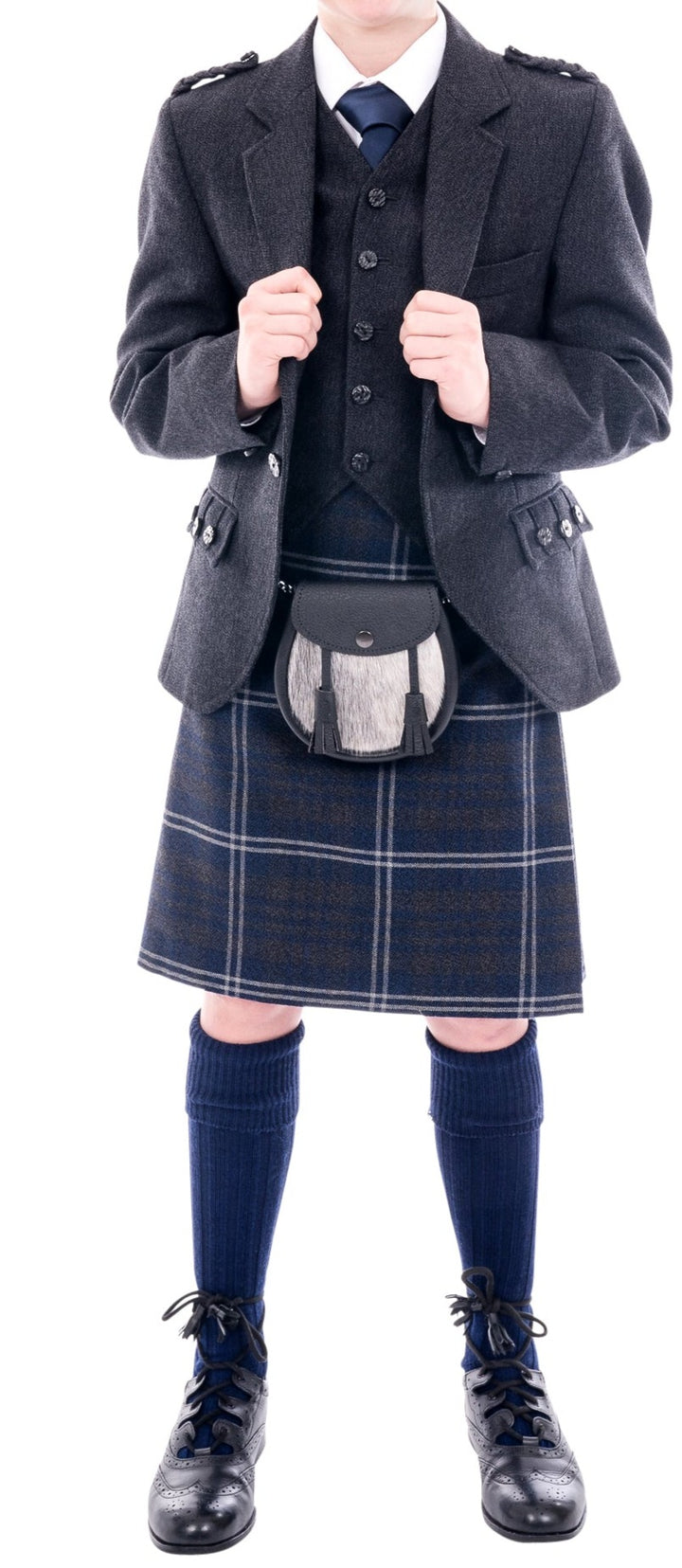 Boys Grey Tweed kilt hire outfit with Grey Galloway kilt - Anderson Kilts