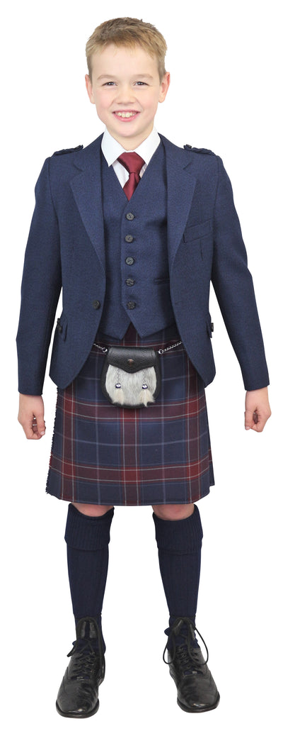 Boys navy crail kilt hire outfit with Queen of the South tartan. Available from Anderson Kilts Dumfries
