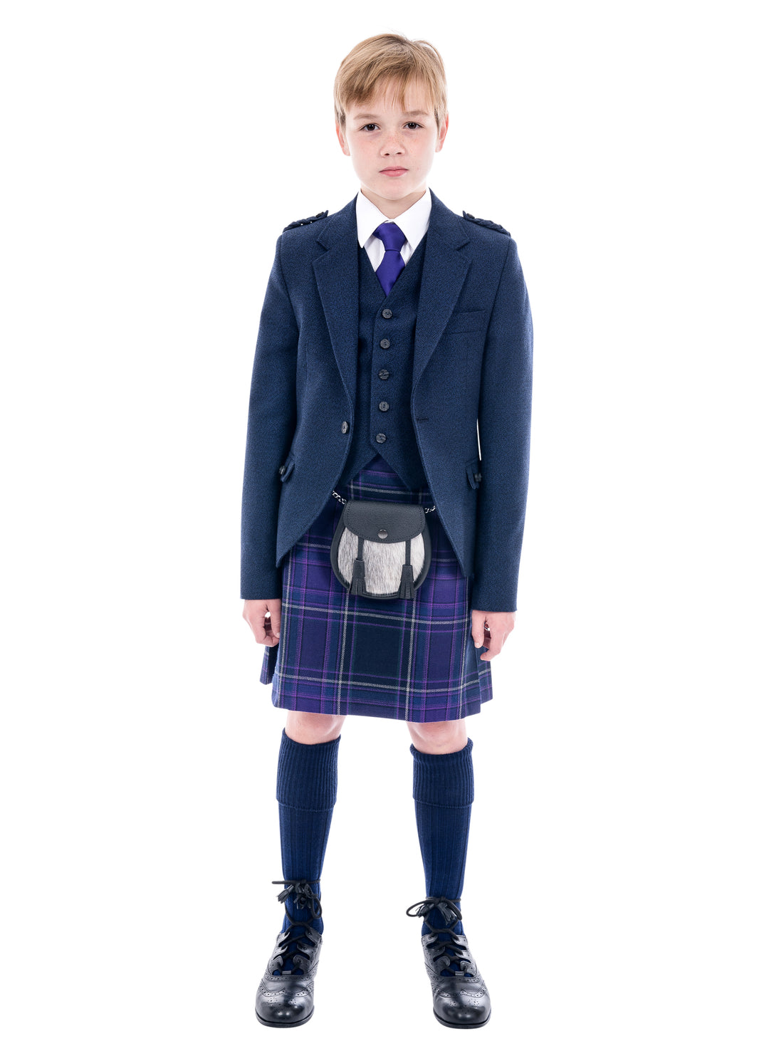 Boys navy crail kilt hire outfit with Galloway Heather tartan. Available from Anderson Kilts Dumfries