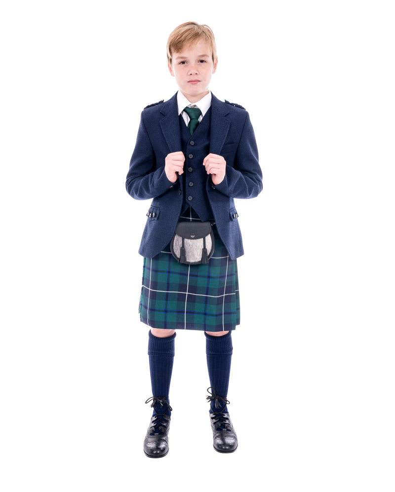 Boys navy crail kilt hire outfit with Modern Douglas tartan. Available from Anderson Kilts Dumfries