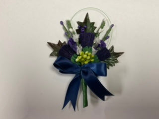 Heather buttonhole - navy ribbon