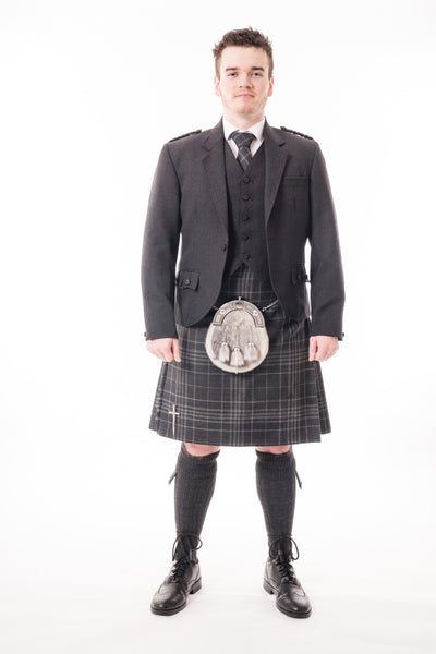 Charcoal crail kilt hire outfit with Hebridean Grey tartan kilt from Anderson Kilts Dumfries