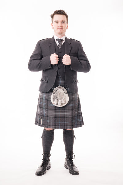 Charcoal crail kilt hire outfit with Highland Granite Blue kilt from Anderson Kilts Dumfries