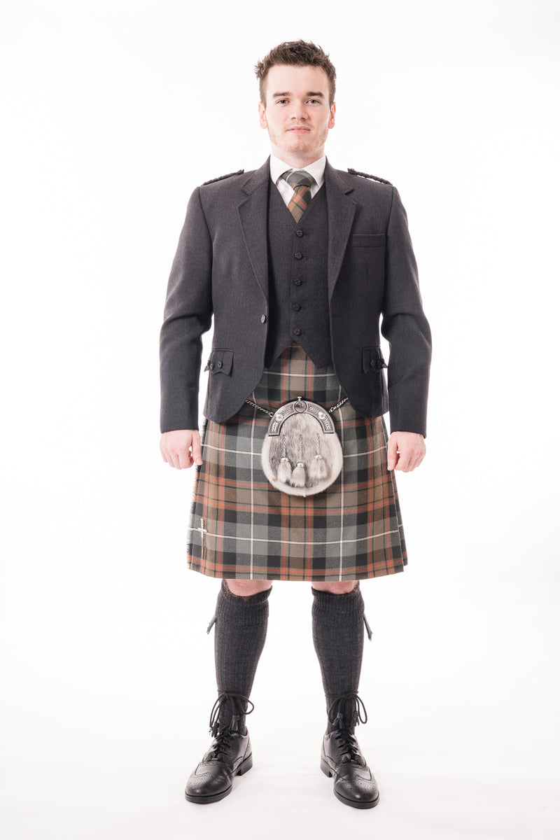 Charcoal crail kilt hire outfit with Weathered MacRae tartan kilt from Anderson Kilts Dumfries