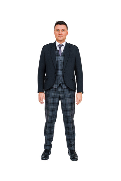 Charcoal crail jacket with Highland Granite tartan trews and waistcoat - available to hire from Anderson Kilts Dumfries
