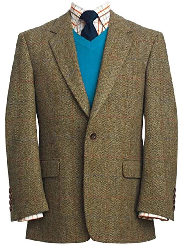 Stromay Harris tweed sports jacket - olive herringbone with orange, navy and red over check
