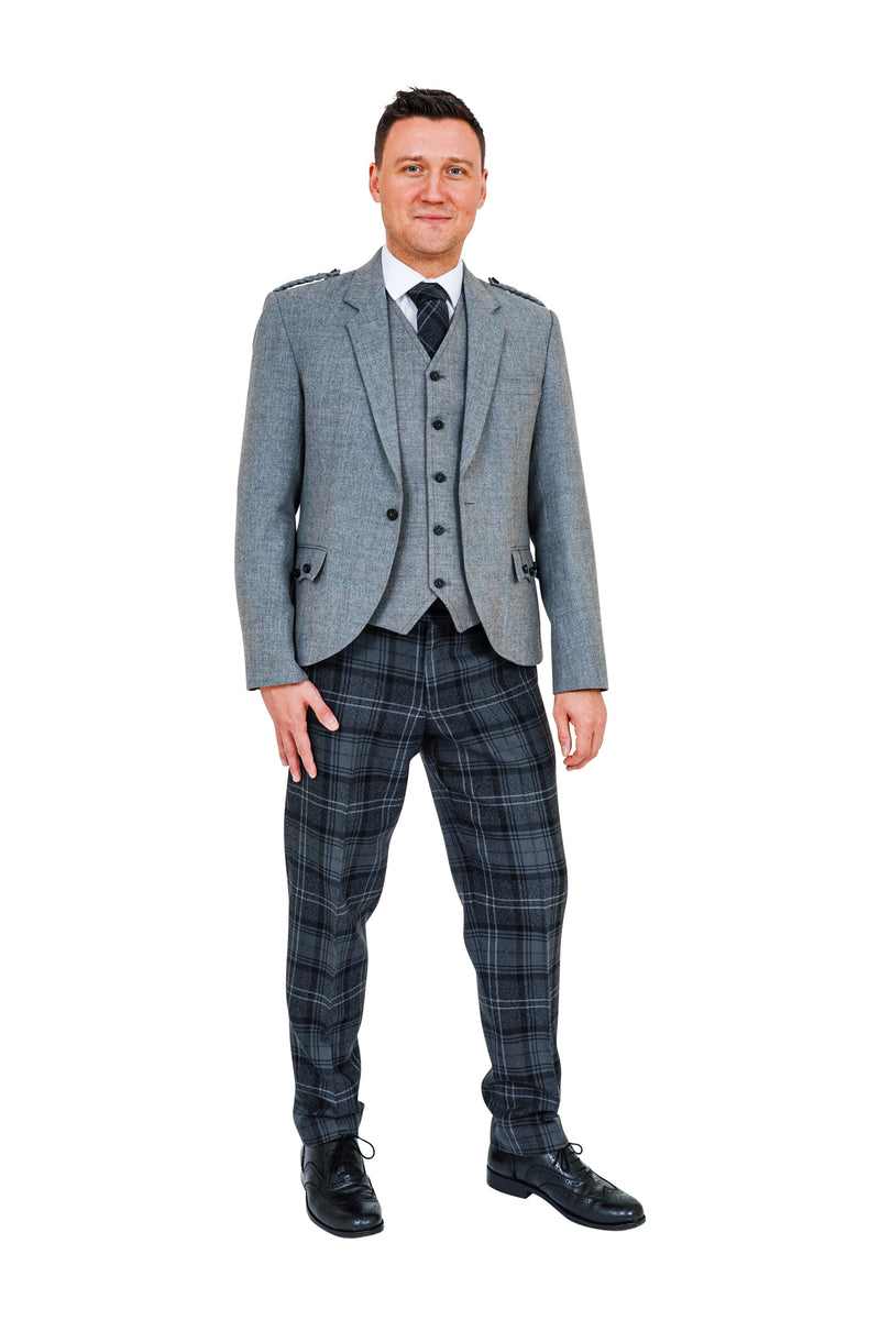 Light grey crail jacket with Highland Granite tartan trews - available to hire from Anderson Kilts Dumfries