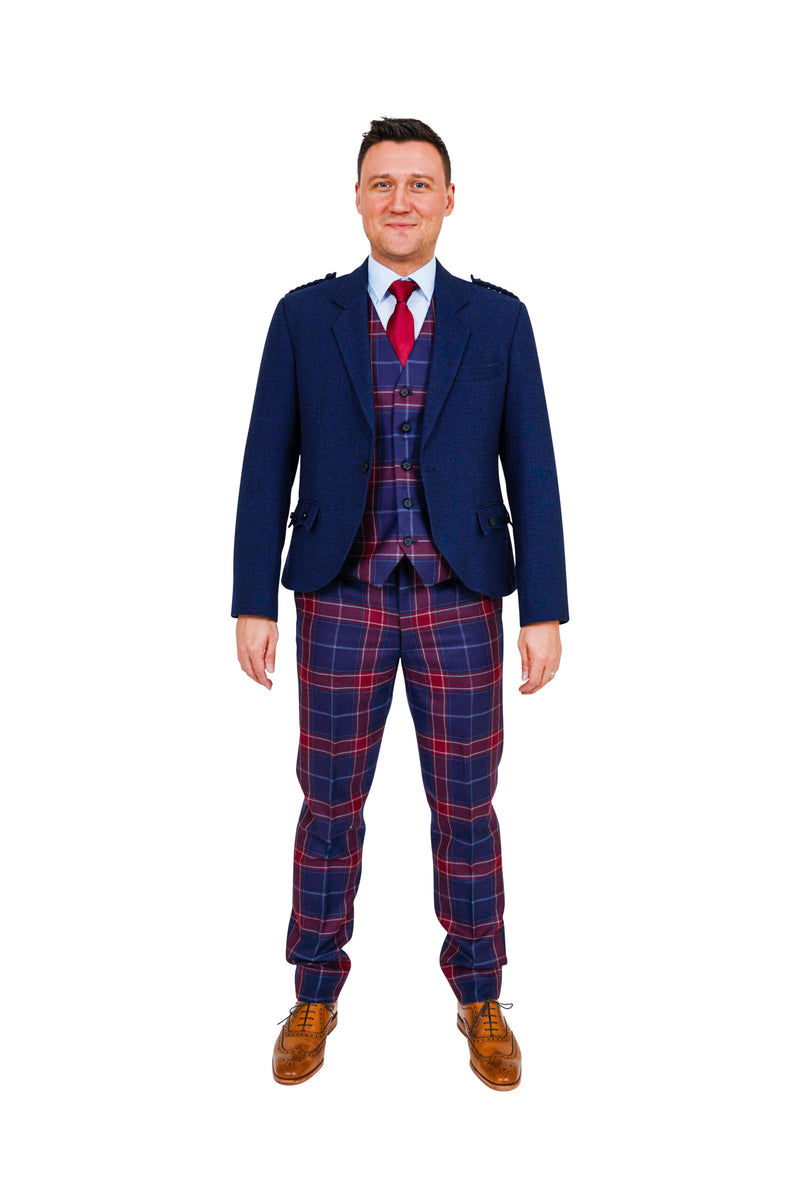 Navy crail outfit with Queen of South tartan trews and tartan waistcoat